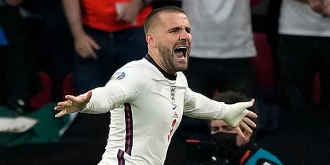England left-back Luke Shaw celebrates after scoring the opening goal during the Euro 2020 soccer championship final between England and Italy at Wembley Stadium. (Photo | AP)