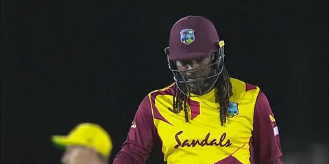 Chris Gayle during the third T20I against Australia in St. Lucia. (Photo | YouTube screengrab)
