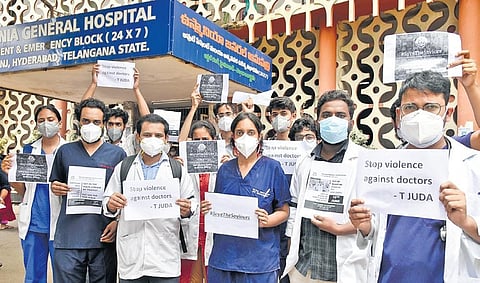 Medicos stage a protest, seeking an end to violence against doctors, at Osmania General Hospital. (File Photo | Vinay Madapu, EPS)