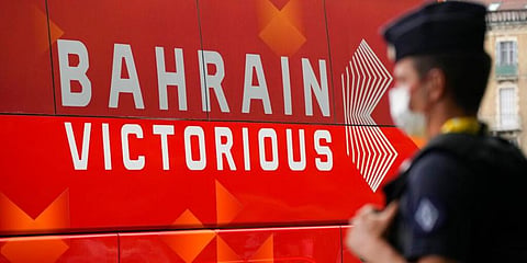 The Bahrain Victorious team bus is parked prior to the eighteenth stage of the Tour de France cycling race. (Photo | AP)