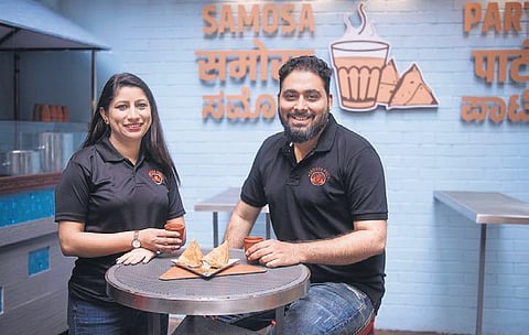 Samosa Party founders Diksha Pande and Amit Nanwani; their Mutton Kheema variant