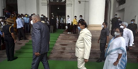 West Bengal Governor Jagdeep Dhankar, Speaker Biman Bandopadhyay and CM Mamata Banerjee inside Assembly premises during inaugural session in Kolkata, July 2, 2021. (Photo | PTI)