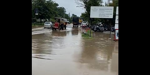 A waterlogged road in near Biotech Hub, Genome Valley, Hyderabad.
