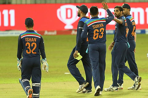 Indian bowler Bhuvneshwar Kumar celebrates after taking a wicket. (Photo | Twitter/@BCCI)