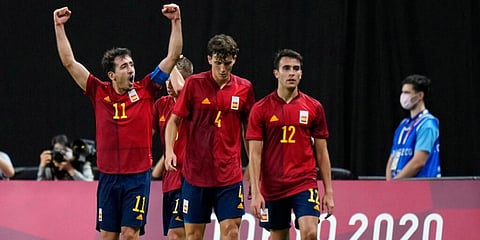 Mikel Oyarzabal (L) raises his arms in jubilation after scoring his side's first goal against Australia during a men's soccer match at the 2020 Summer Olympics in Sapporo, Sapporo, Japan. (Photo | AP)
