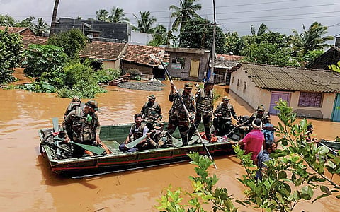 Army personnel during a rescue operation at a flooded area after rain in Kolhapur. (Photo | PTI)