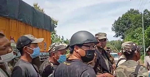 Police personnel during a clash at Assam-Mizoram border at Lailapur in Cachar district, Monday. (Photo | PTI)