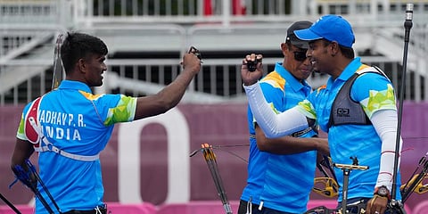 From left, India's Pravin Jadhav, Tarundeep Rai, and Atanu Das during the men's team competition at the 2020 Summer Olympics in Tokyo, Japan. (Photo | AP)