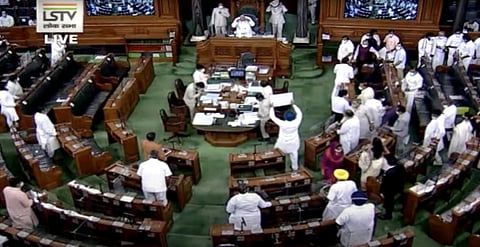 Opposition leaders create uproar in Lok Sabha during the Monsoon Session of Parliament. (Photo | ANI)