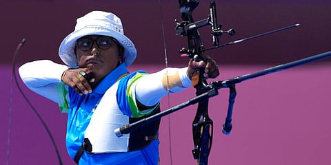 India's Deepika Kumari releases the arrow during the mixed team event at the 2020 Summer Olympics in Tokyo, Japan. (Photo | AP)