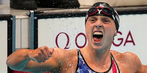 Katie Ledecky, of the United States, reacts after winning the women's 1500-meters freestyle final at the 2020 Summer Olympics in Tokyo, Japan. (Photo | AP)