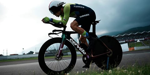 Primoz Roglic of Slovenia competes during the men's cycling individual time trial at the 2020 Summer Olympics in Oyama, Japan. (Photo | AP)