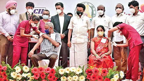 Chief Minister MK Stalin launches free vaccination camp at Kauvery Hospital, in Chennai, on Wednesday | P Jawahar