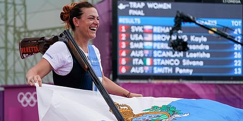 Bronze medalist Alessandra Perilli, of San Marino, celebrates after the women's trap at the Asaka Shooting Range in the 2020 Summer Olympics in Tokyo, Japan. (Photo | AP)