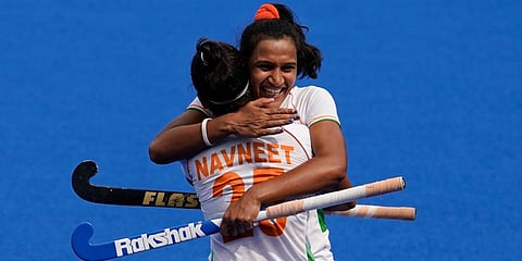 India forward Rani Rampal, facing camera, embraces forward Navneet Kaur (25) after latter scored against Ireland during a women's hockey match at the 2020 Summer Olympics in Tokyo. (Photo | AP)