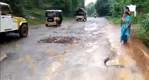 This pothole-ridden road has been a threat to the lives of the commuters since the last three years, says Ananthavathi. (Photo | Express)