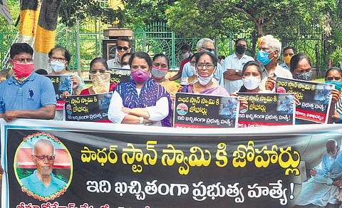 Human Rights activists and Left party leaders pay homage to Fr Stan Swamy in Visakhapatnam on Tuesday, 6 July 2021. (Photo | EPS)