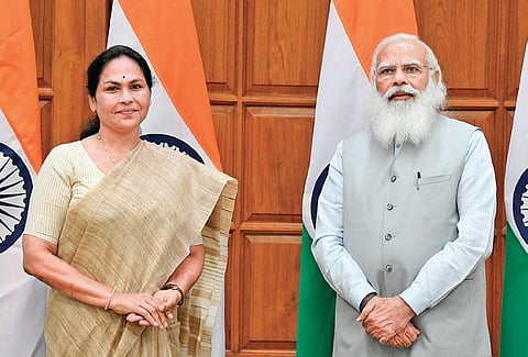 Udupi-Chikkamagaluru MP Shobha Karandlaje with Prime Minister Narendra Modi after she was inducted into the Union council of ministers, in Delhi on Wednesday
