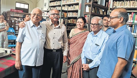 (From left) S Muthiah, Manohar Devadoss, Sujatha Shankar of INTACH, historian KRA Narasaiah and V Sriram at Madras Literary Society