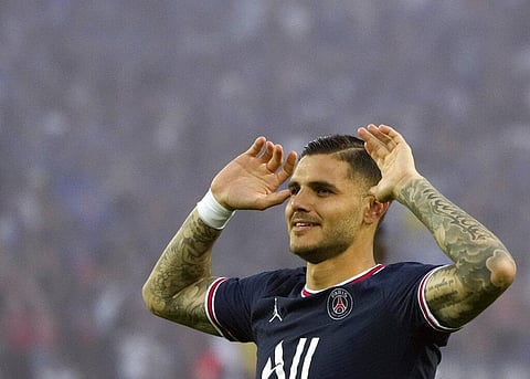 PSG's Mauro Icardi celebrates after scoring his side's opening goal against Strasbourg, at Parc des Princes stadium in Paris, Aug. 14, 2021. (Photo | AP)
