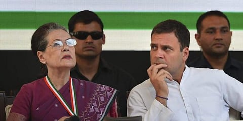 Congress interim president Sonia Gandhi with Rahul Gandhi (Photo | PTI)