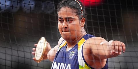 India's Kamalpreet Kaur participates in the women's discus throw final event at the 2020 Summer Olympics, in Tokyo, Monday, August 2, 2021. (Photo | PTI)