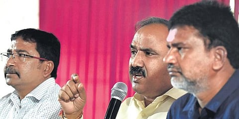 NISA National President Kulbhushan Sharma speaks during a press conference at Somajiguda in Hyderabad on Tuesday | S Senbagapandiyan