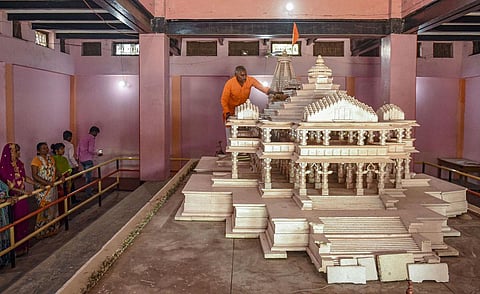 Replica of the proposed Ram Mandir on display at Karsewakpuram, in Ayodhya. (File| PTI)