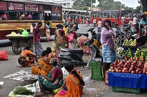 Local vendors seen encroaching the bus stand, causing hindrances to smooth movement of buses (Photo | P Jawahar, EPS)