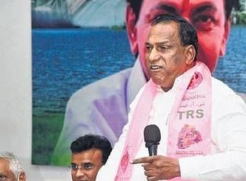 In this file photo, Labour Minister Ch Malla Reddy slaps his thigh as he challenges TPCC chief A Revanth Reddy. (Photo | Express)