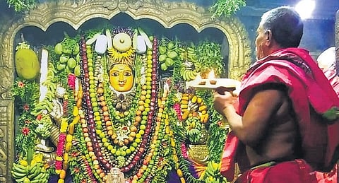A priest offers puja to the deity at the Bhadrakali temple in Warangal during Shakhambhari celebrations. (Photo | Express)