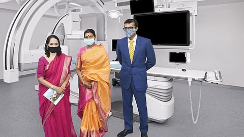 Durga Stalin (centre), wife of CM MK Stalin, inaugurates the biplane cathlab machine | Express