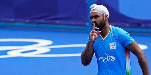 India's Simranjeet Singh (10) celebrates after scoring against Spain during a Men's field hockey match at the 2020 Summer Olympics in Tokyo, Japan. (Photo | AP)