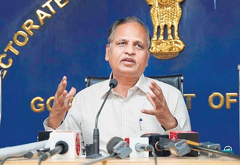 Delhi Health Minister Satyendar Jain during a press briefing. (Photo | Express)
