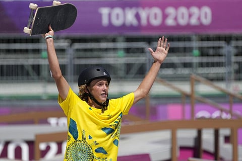 Keegan Palmer of Australia reacts during the men's park skateboarding finals at the 2020 Summer Olympics. (Photo | AP)
