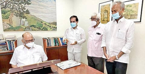 Visakha Ukku leaders with NCP leader Sharad Pawar in Delhi on Wednesday.