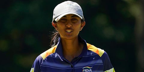 Aditi Ashok, of India, gestures on the 5th hole during the third round of the women's golf event at the 2020 Summer Olympics at the Kasumigaseki Country Club in Kawagoe, Japan. (Photo | AP)