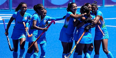 India players celebrate a penalty corner goal by Gurjit Kaur, second from right, during the women's field hockey bronze medal match against Britain at the 2020 Olympics in Tokyo, Japan. (Photo | AP)