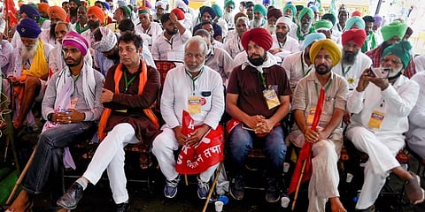 Farmers attend 'Kisan Sansad' during their protest against Centre's farm reform laws, at Jantar Mantar in New Delhi. (Photo | PTI)