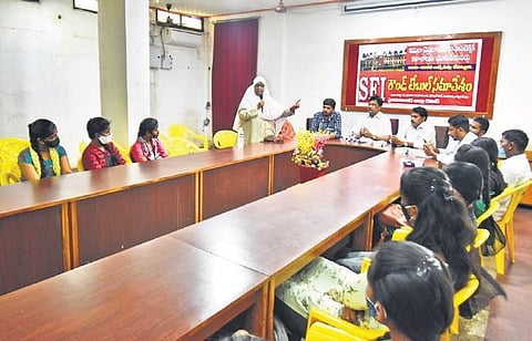 Students hold a meeting regarding the alleged closure of Kamala Nehru Polytechnic College For Women in Hyderabad. (File photo | S Senbagapandiyan, EPS)