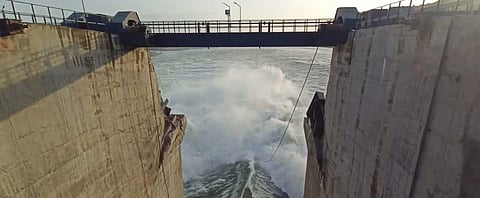 Water being discharged from Pulichintala Irrigation Project on the Krishna river. (Photo | Express)