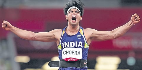 Neeraj Chopra after the throw that gave him an early lead in the men’s javelin final in Tokyo on Saturday. He sealed gold with an effort of 87.58 metres. (Photo| PTI)