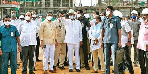 Chief Minister K Chandrasekhar Rao inspects the ongoing construction works at the Secretariat building on Saturday, August 7, 2021. (Photo | Express)