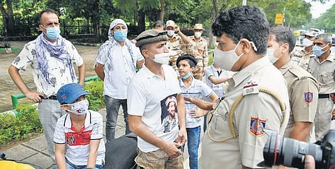 A group of Afghan refugees who came to protest outside the Pakistan High Commission being stopped by Delhi Police on Thursday | Shekhar yadav