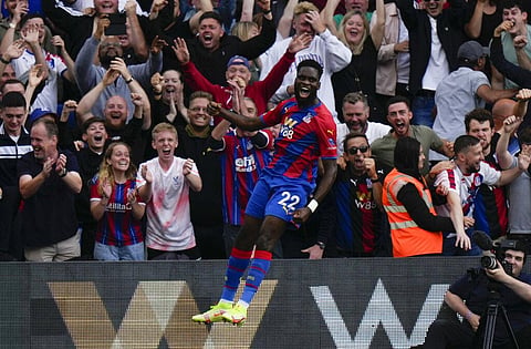 Crystal Palace striker Odsonne Edouard celebrates scoring his side's second goal during match agaisnt Tottenham Hotspur at Selhurst Park stadium, London, Saturday. (Photo | AP)
