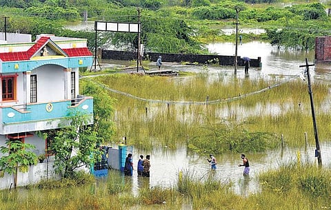 A man ‘bathing’ in a pool of stagnant water in Periyar Nagar | R Satish Babu