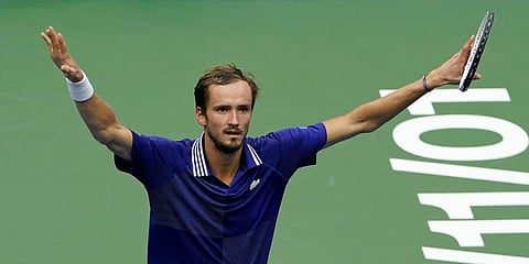 Daniil Medvedev reacts after scoring a point against Novak Djokovic during the men's singles final of the US Open tennis championships in New York. (Photo | AP)