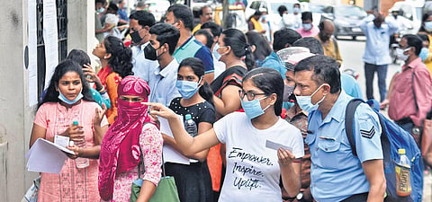 NEET candidates at Asan Memorial Senior Secondary School in Chennai on Sunday. (EPS | P Jawahar)