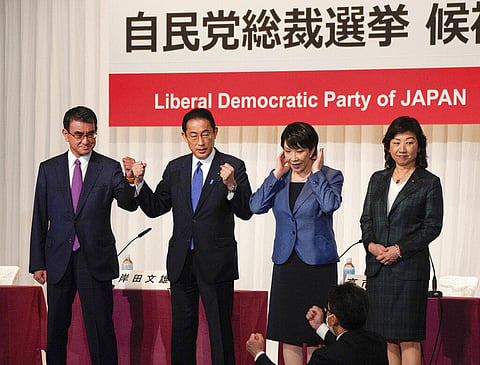 A combination of photos of candidates of the ruling Liberal Democratic Party for the upcoming presidential election speaks during a joint news conference. (Photo | AP)
