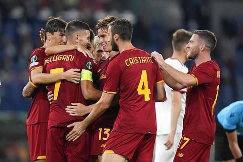 Roma's Lorenzo Pellegrini , second from left, celebrates after scoring goal during Europa Conference League match againt CSKA Sofia, at Rome's Olympic Stadium, Thursday. (Photo | AP)